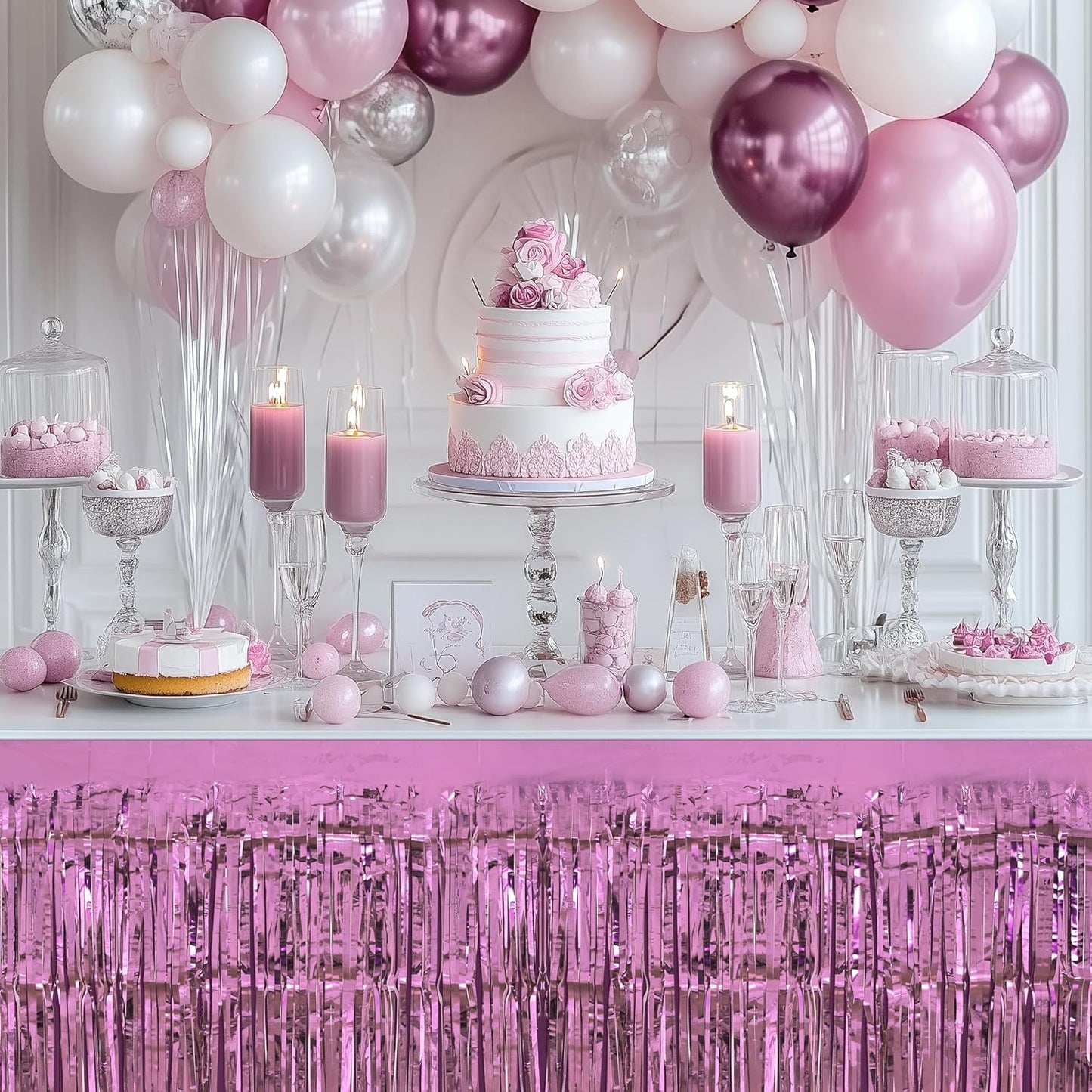 3 Pack Light Pink & Blue & Purple Table Skirts, 29x108" Metallic Foil Tinsel Fringe Table Skirt for Rectangle Tables Streamer Curtains Backdrop, Party Decorations for Birthdays, Weddings, Holidays