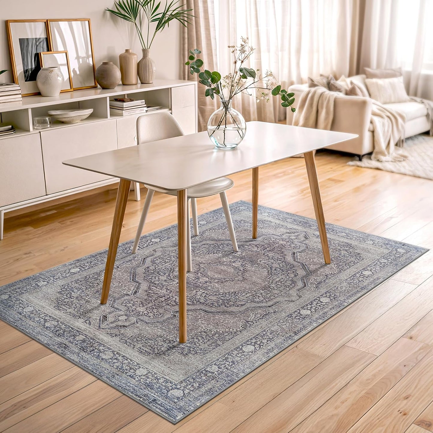 Bloom Rugs Washable Non-Slip 4' x 6' Rug - Blue/Steel Gray/Beige Traditional Medallion Area Rug for Living Room, Bedroom, Dining Room, and Kitchen - Exact Size: 4' x 6'