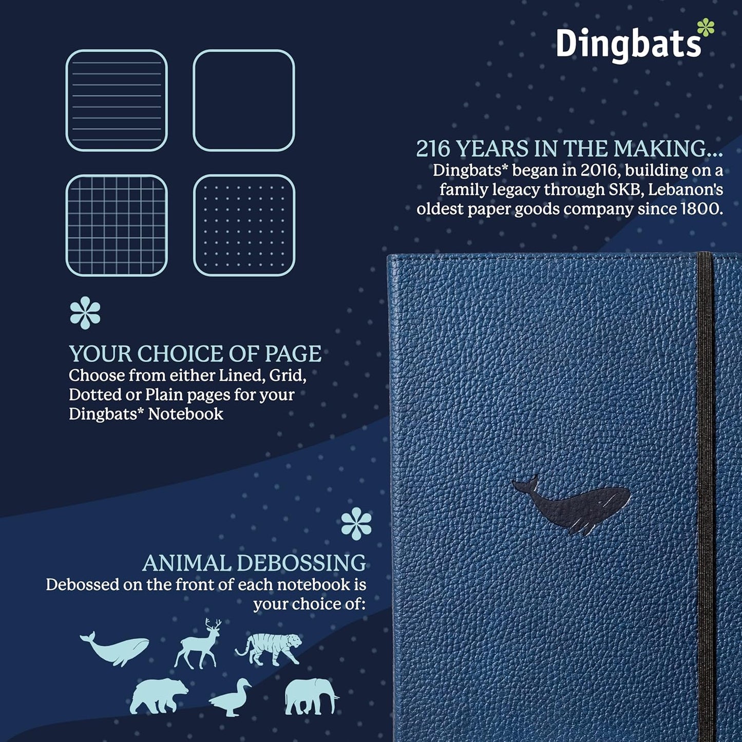 Dingbats Wildlife Dotted Journal A5 - Vegan Leather Hard Cover, Ideal for Work, Travel - Pocket, Elastic Closure, Bookmark