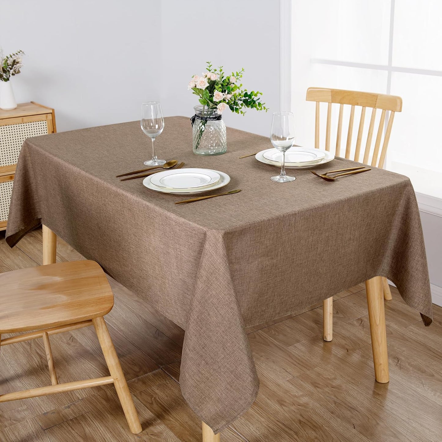 Hiasan 2 Pack Faux Linen Rectangle Tablecloth - Wrinkle and Stain Resistant Washable Table Cloth for Kitchen Dining Room Holiday Table Cover for Dinner, Khaki, 70 x 120 Inch