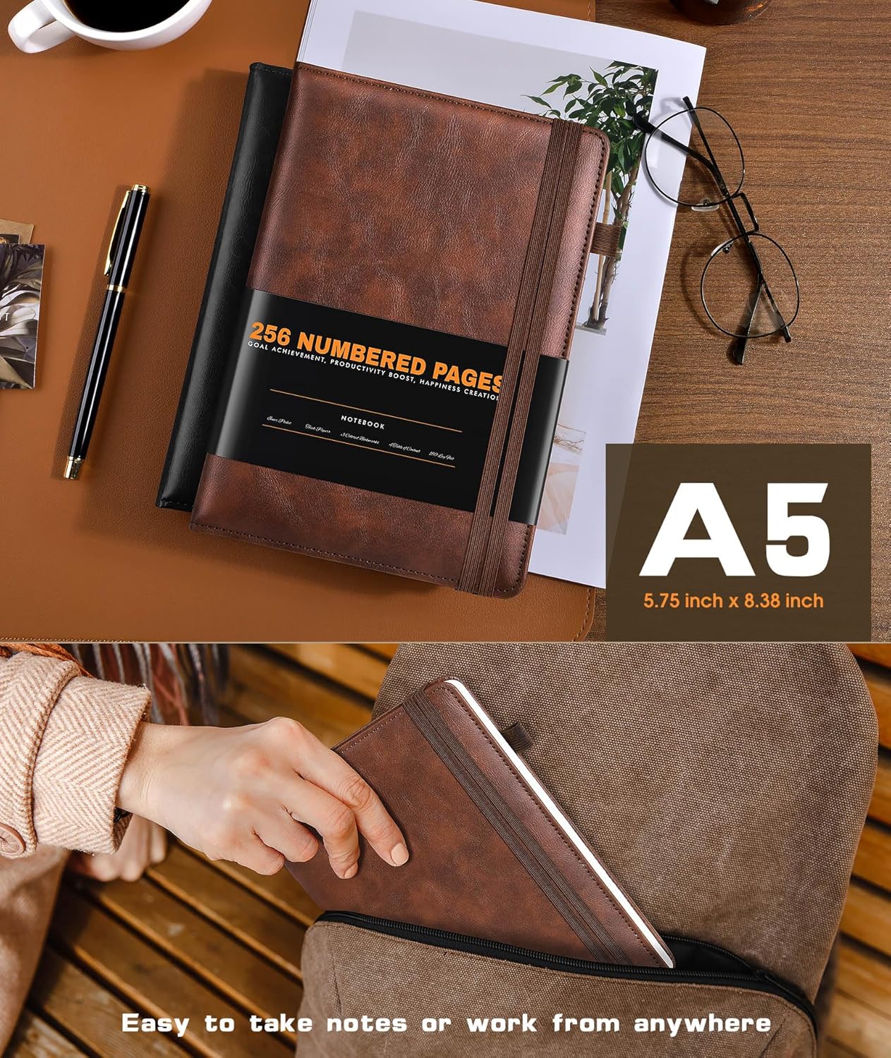 Lined Journal Notebook for Women Men, 256 Numbered Pages Hardcover Leather Journals for Writing, A5 Journaling Notebooks, College Ruled Journal for Business Work School Note Taking 5.75" x 8.38" Brown