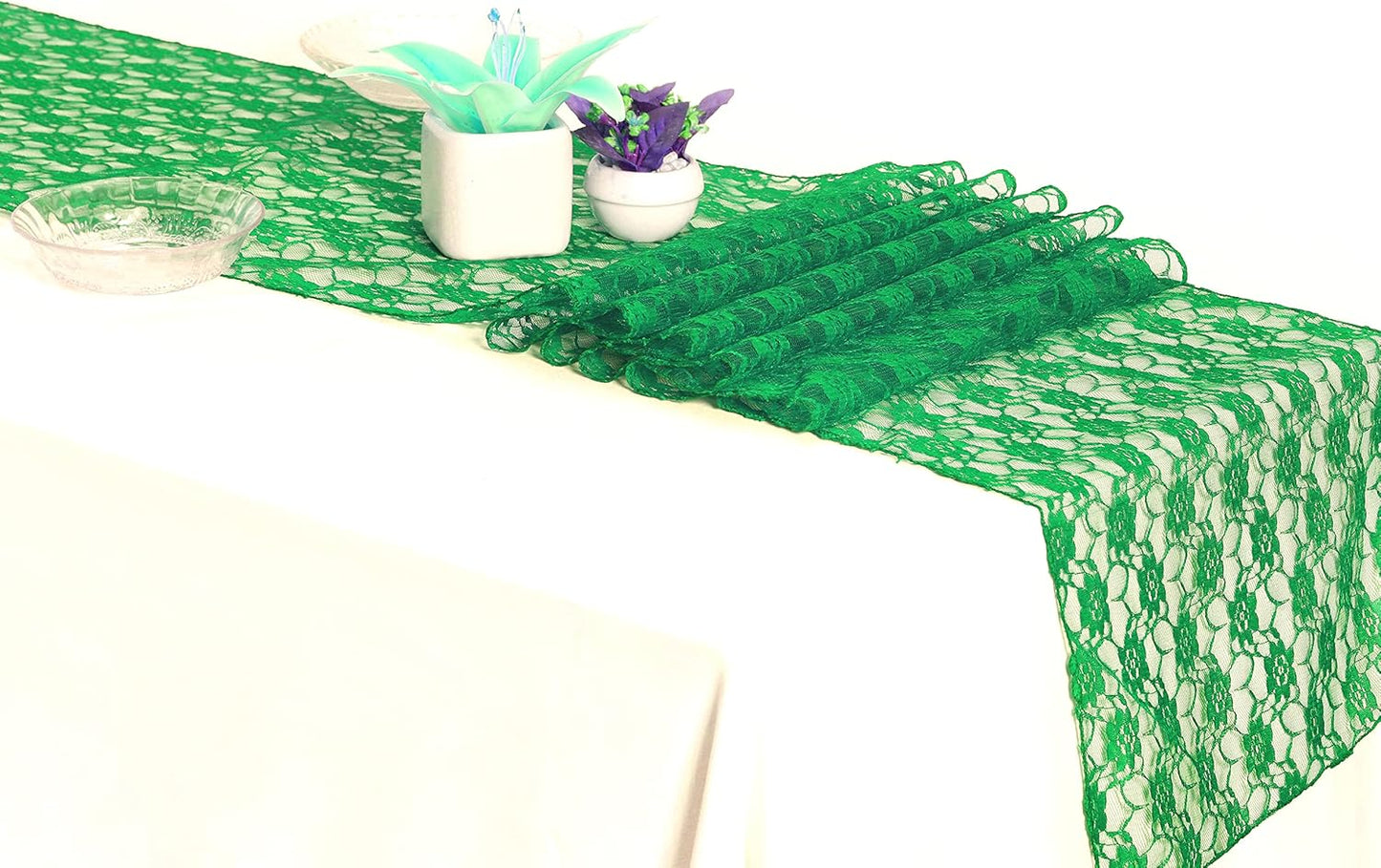 MDS Pack of 15 Wedding 12 x 108 inches Lace Table Runner for Wedding, Decorations for Birthday Parties, Banquets, Graduations, Engagements, and Runners fit Rectangle, Round Table- Green