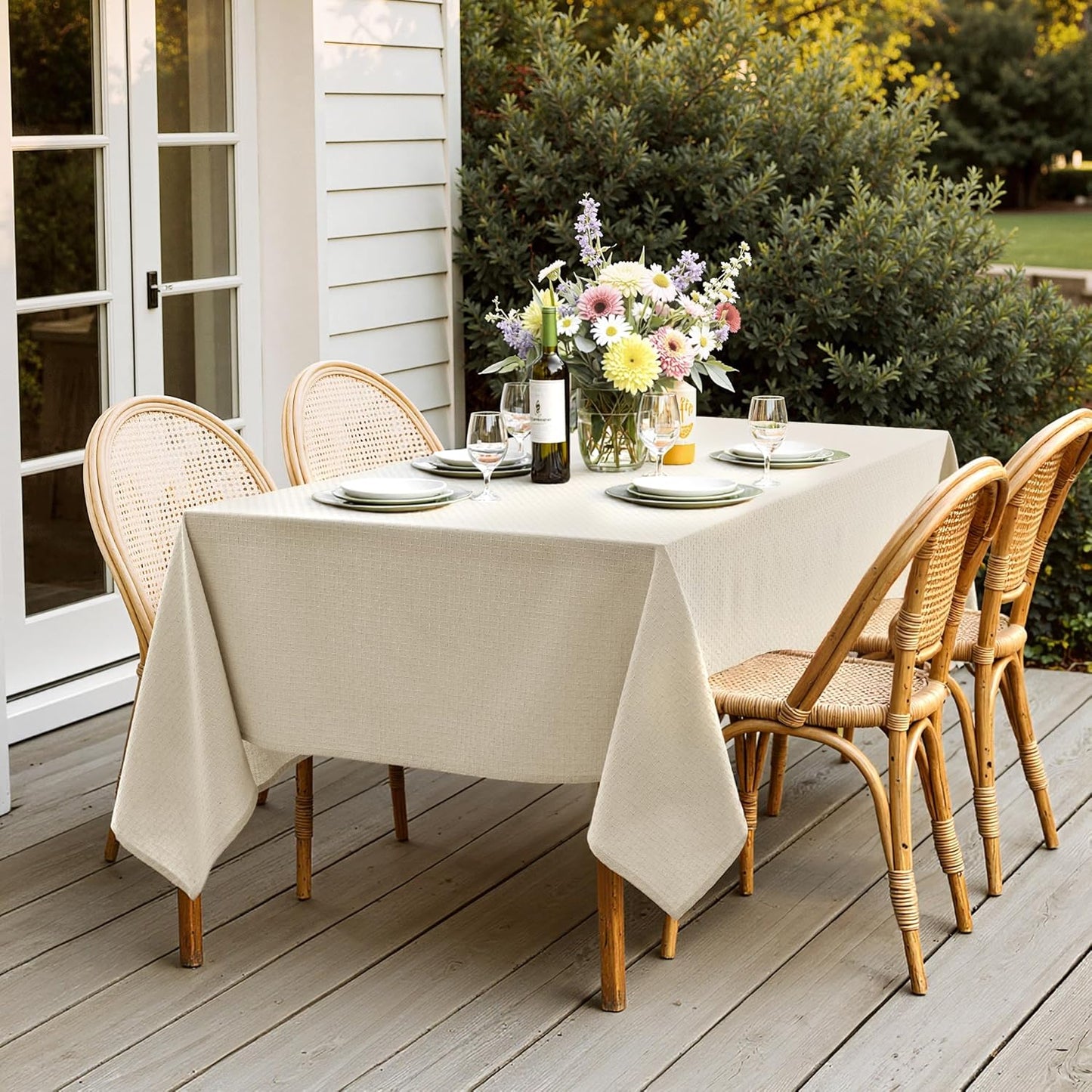 MIULEE Natural Linen Cottton Table Cloth Rectangle Tablecloth Waterproof Spillproof Cross-Star Textured Table Cltoth Decorative Farmhouse Style for Dining Party Weddings 60x84 Inch