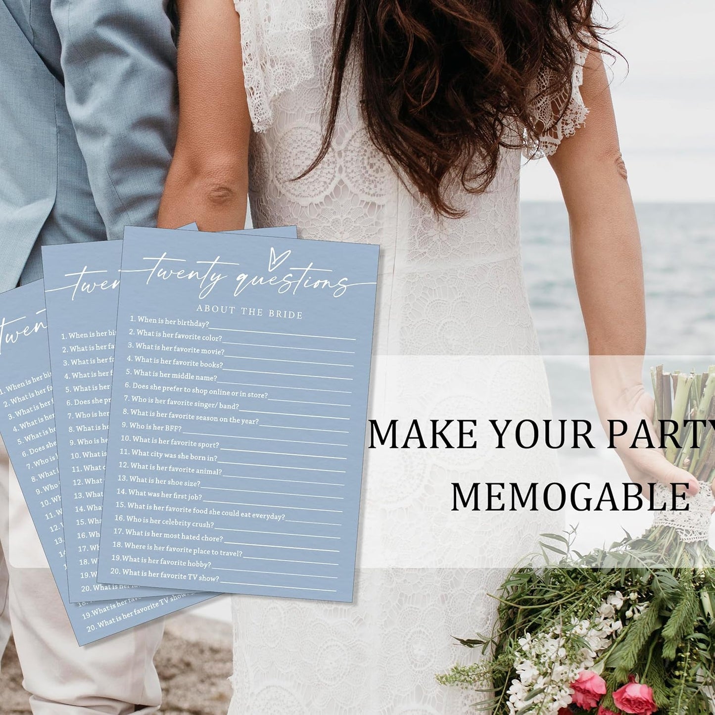 Fun Wedding Shower Games Cards, Twenty Questions About the Bride, Bridal Party Game and Favors for 25 Guests, Bridal Shower Decorations, Minimalist Blue Wedding Party Supplies - B07