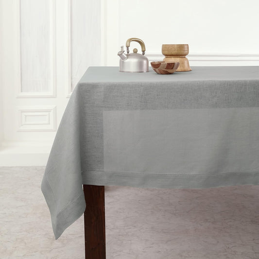 Solino Home Soft Grey Linen Tablecloth 60 x 120 Inch - 100% Pure Linen Hemstitch Table Cloth for Rectangle Tables - Classic Hemstitch, Machine Washable Tablecloth for Fall, Thanksgiving, Christmas