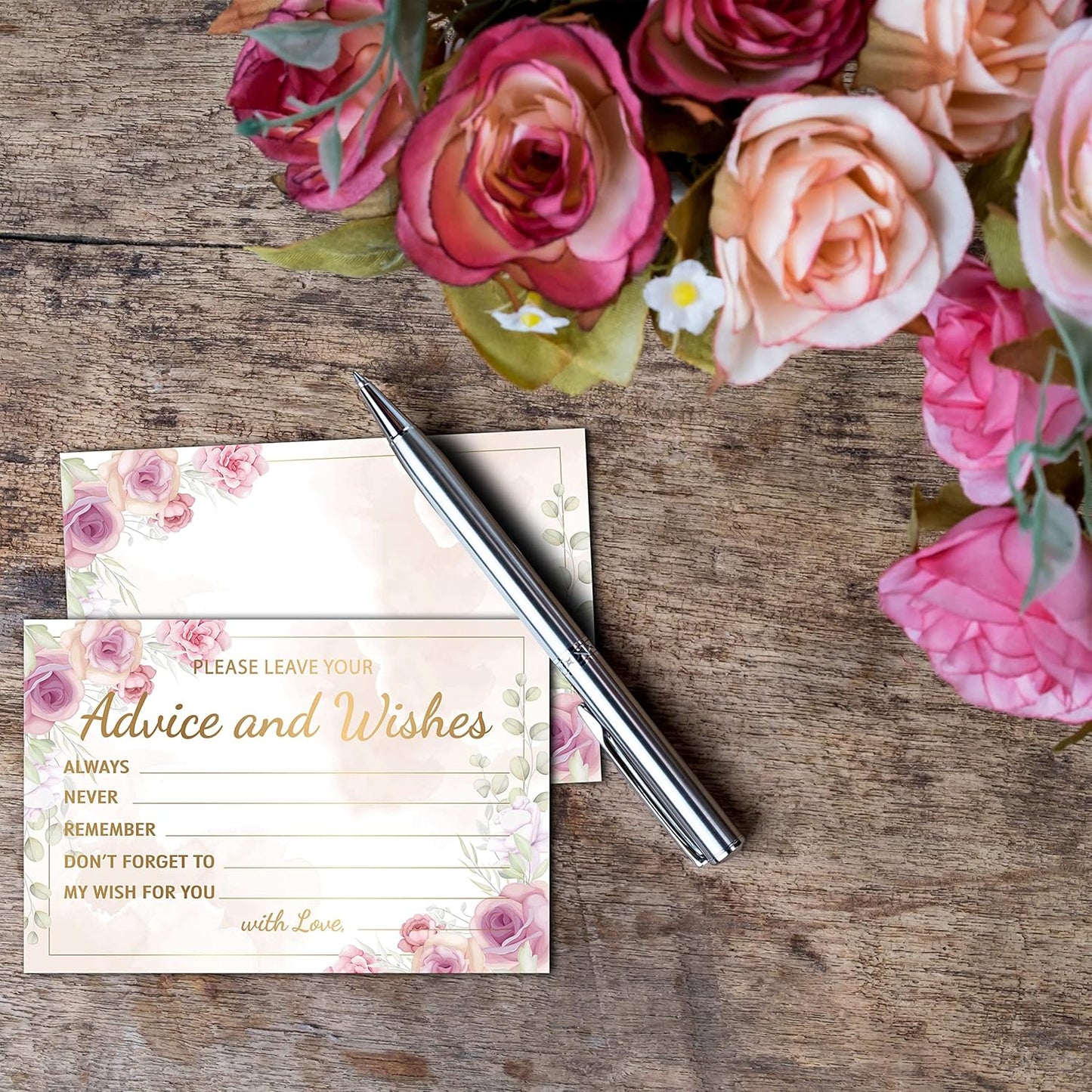 Purple Floral Advice and Wishes Cards, 25 Pcs Blush Pink Double Sided Advice Cards for The Bride and Groom, Mr and Mrs, Bride Shower, Wedding Reception, Engagement Party(09)