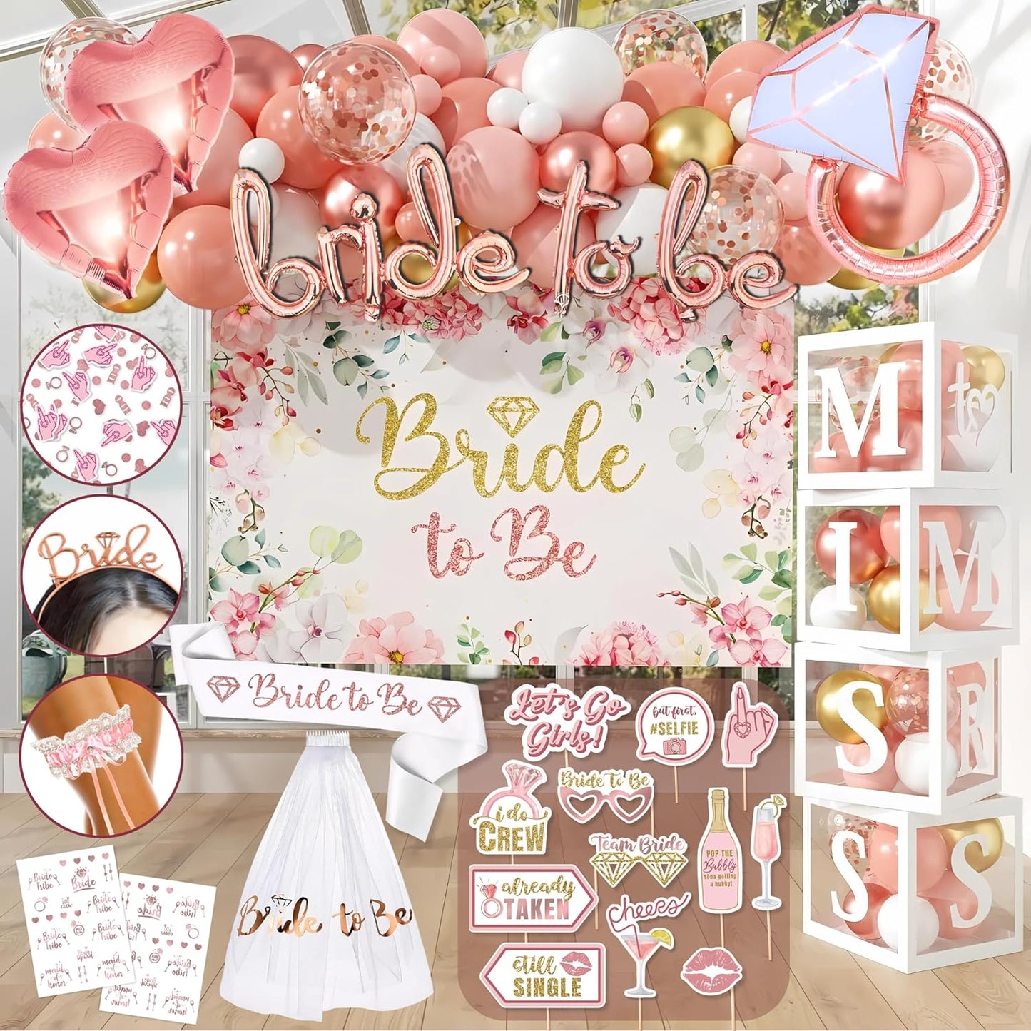 189 pc Bridal Shower Party Decorations – Balloons, Bride to Be Sash, Veil, Headband, Backdrop, Props – Pink Bachelorette Party Decorations for Engagement, Wedding, Rose Gold Bridal Shower Decorations