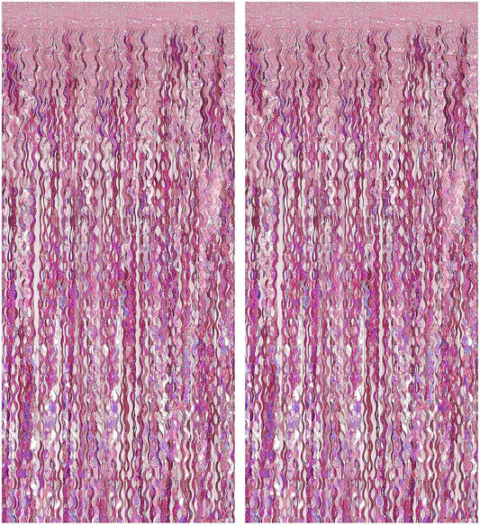 Pink Streamers Fringe Backdrop Tinsel Foil Fringe Curtains Wavy Backdrop for Parties Sparkle Metallic Wavy Foil Fringe Backdrop Curtain Photo Booth Props for Birthday Wedding