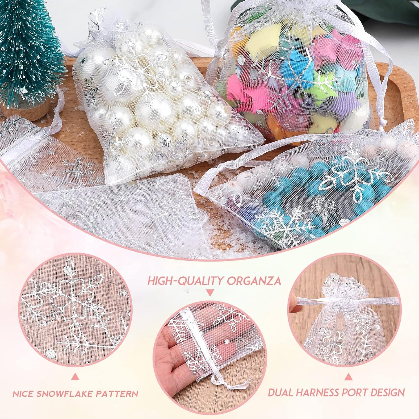 jijAcraft 4x6 Inch Christmas Organza Bags - 50Pcs White Snowflake Gift Bags with Drawstring, Xmas Party Favor Sheer Mesh Pouches for Winter Gift, Candy, Jewelry Bag