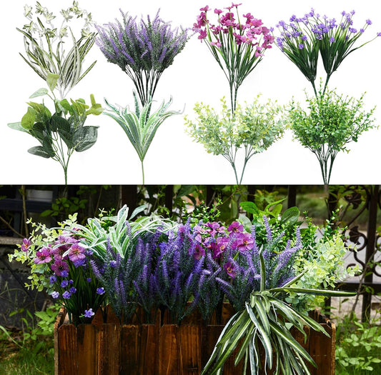 PARTY JOY 19 Bunches Fake Plants Outdoor, Fake Bushes UV Resistant Artificial Lavender Flowers Greenery Shrubs Faux Greenery for Outdoor Garden Patio Front Porch Yard Decor