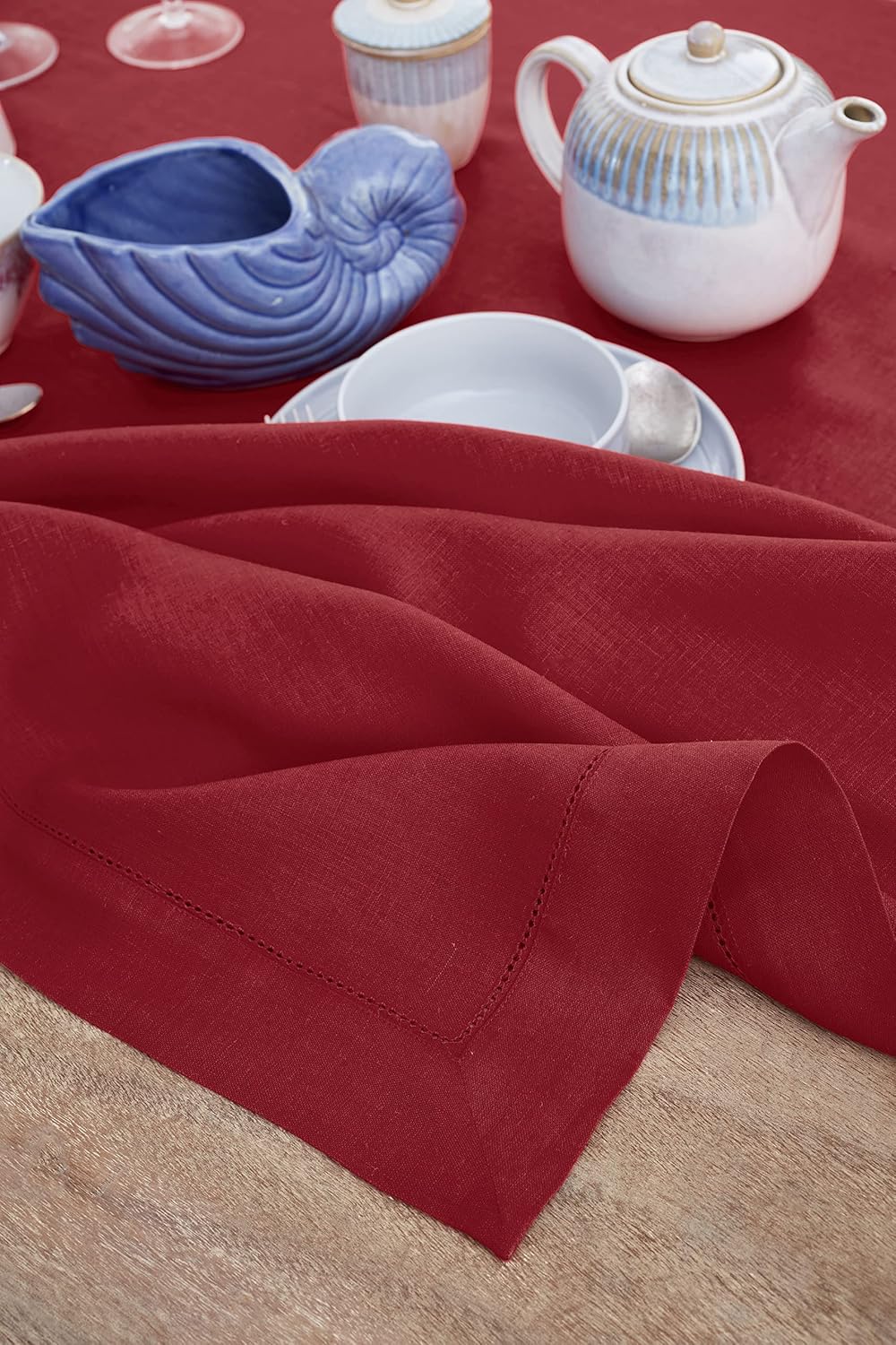 Solino Home Red Linen Tablecloth 60 x 144 Inch - 100% Pure Linen Hemstitch Table Cloth for Rectangle Tables - Classic Hemstitch, Machine Washable Tablecloth for Christmas