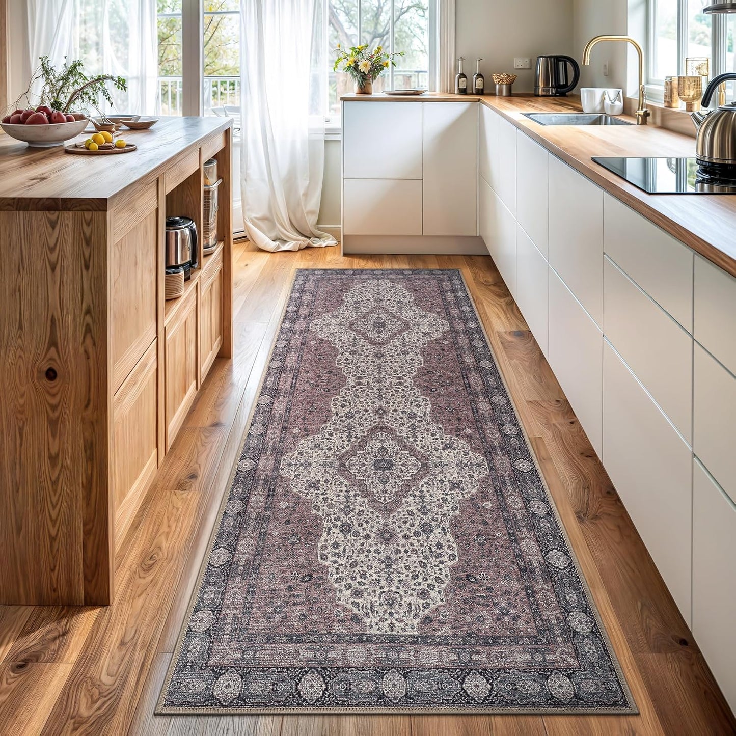 Bloom Rugs Washable Non-Slip 7 ft Runner - Cream/Green Traditional Medallion Runner for Entryway, Hallway, Bathroom, and Kitchen - Exact Size: 2.5' x 7'