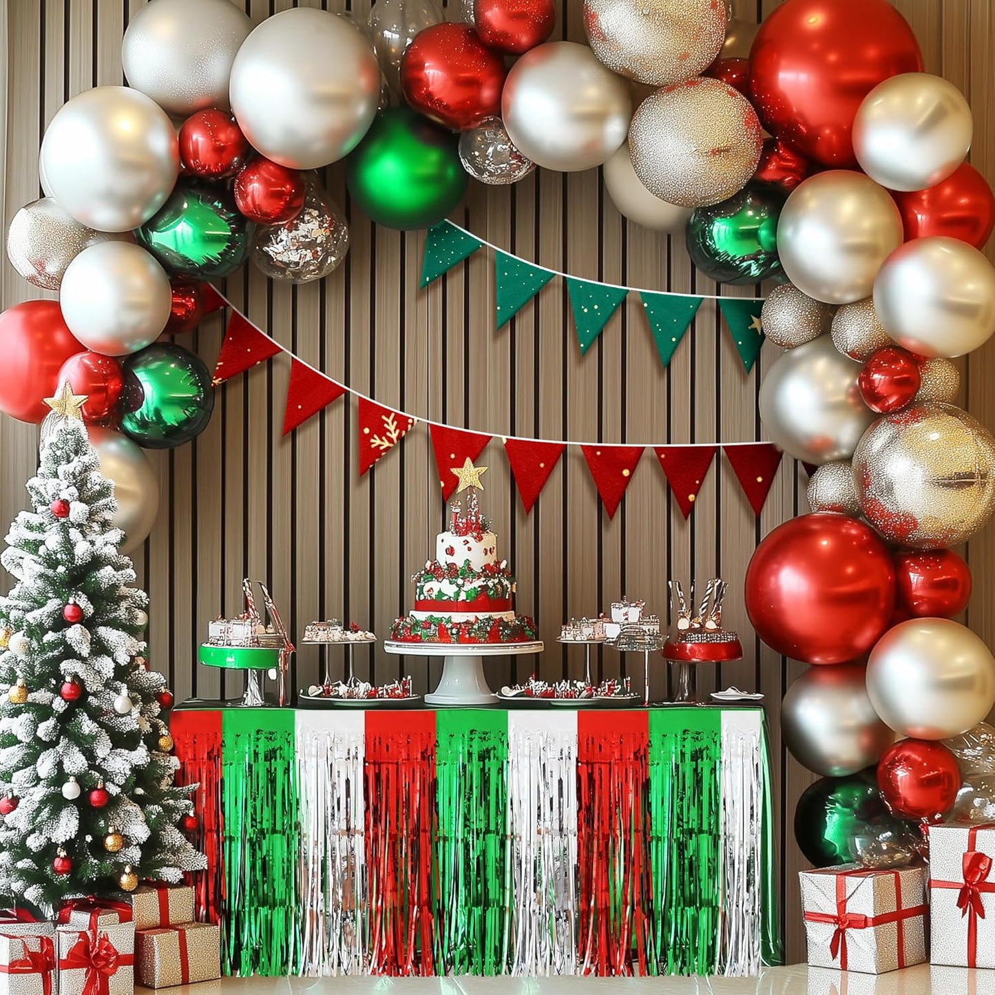 2 Pack Christmas Table Skirts, 29x108" Red & Silver & Green Metallic Foil Tinsel Fringe Table Skirts for Rectangle Tables Streamer Curtain Backdrop, Party Decoration for Xmas Birthday Wedding Holiday