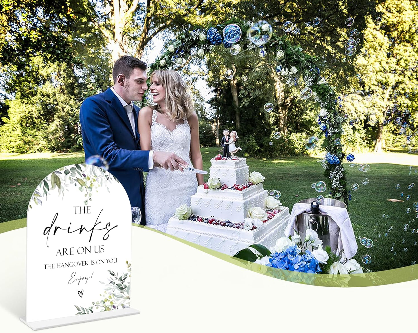 Greenery The Drinks Are On Us Sign, 6 x 8 Inch White Arch Acrylic Wedding Sign with Holder, Wedding Sign for Ceremony and Reception, Wedding Decoration, Wedding Supplies - LY08
