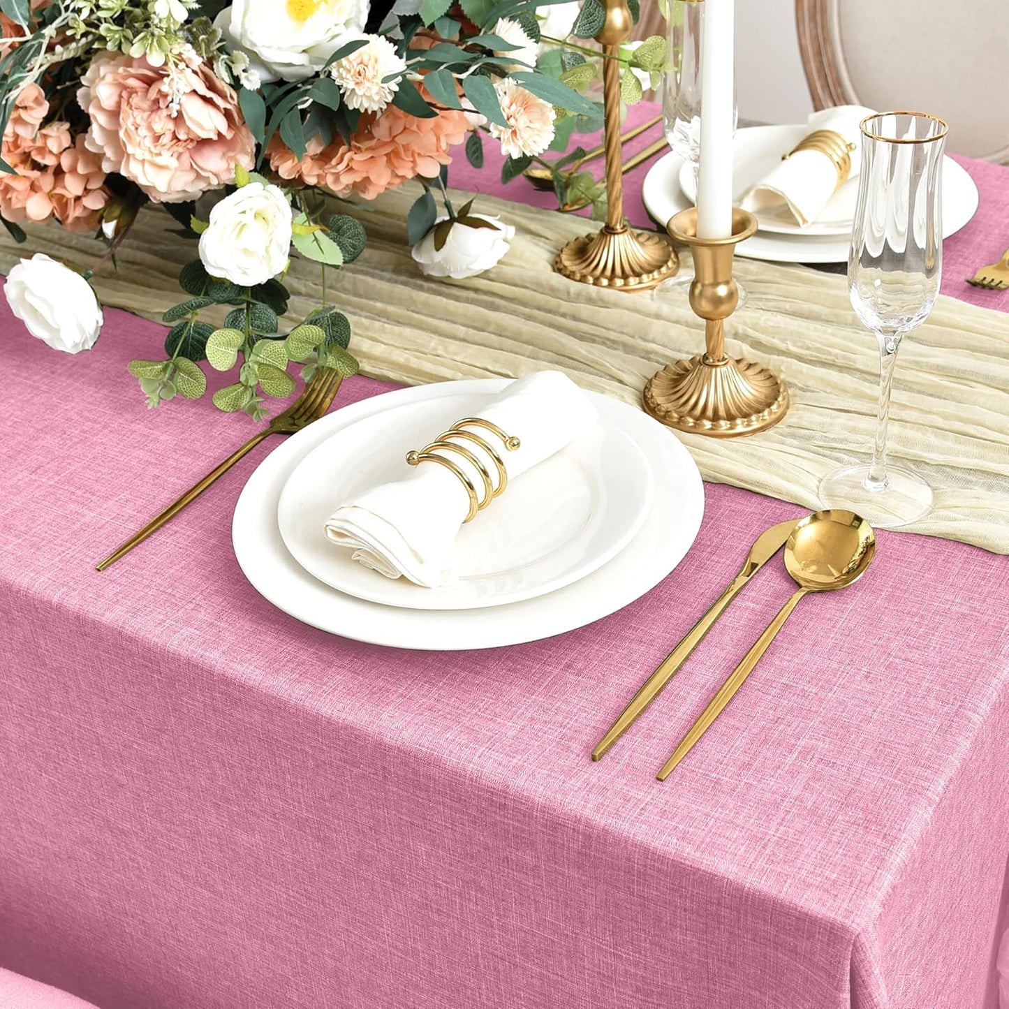 Fitable Faux Linen Tablecloths for Rectangle Tables: Water & Stain Resistant Farmhouse Table Cloth, Washable Burlap Textured Table Covers for Kitchen Dining Party(2 Pack, 52x70 Inch, Pink)