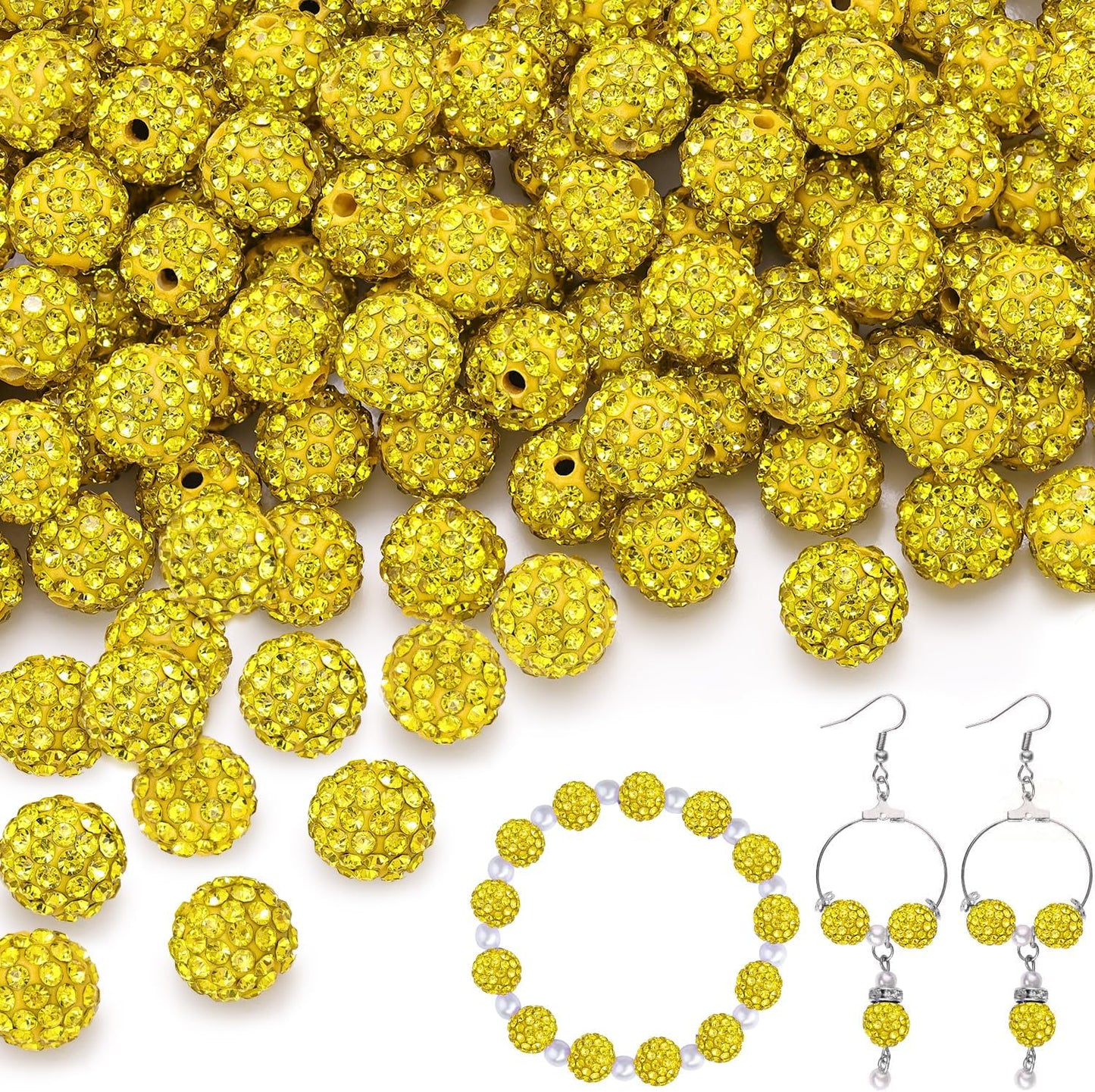 200pcs 10mm Citrine Rhinestone Beads for Jewelry Making, Shiny Round Shamballa Disco Ball Beads Bulk, Sparkle Crystal Clay Christmas for Bracelet Baseball Necklace Earring Crafting and DIY