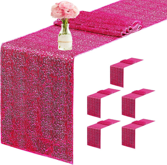 6 Packs 12 x 72 inches Sequin Table Runner, Hot Pink Glitter Table Runner for Birthday Party Supplies Wedding Engagement Baby Shower Holiday Celebration Event Decorations