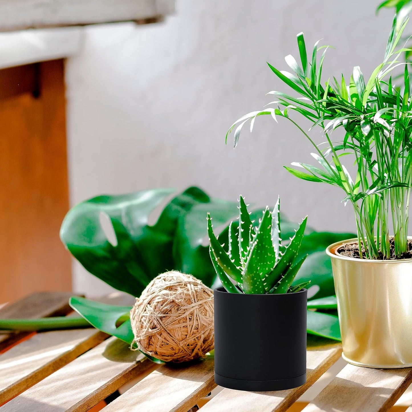 D'vine Dev 2 Pack 4.5 Inch Modern Plastic Plant Pots, Small Garden Planters for Plant with Drainage Holes and Saucers, Black Color, 74-Y-F-1