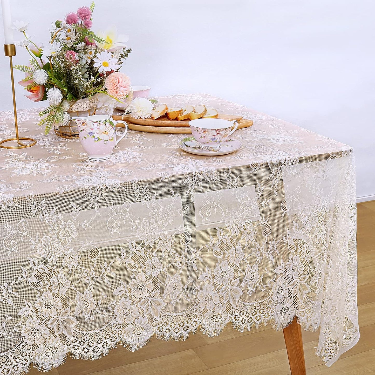 LuoluoHouse Set of 2 Ivory Lace Tablecloths Rectangle Chic Wedding Embroidered Tablecloth 60x120 inch Decorative Tablecloth for Farmhouse Party Birthday Kitchen Table Linens