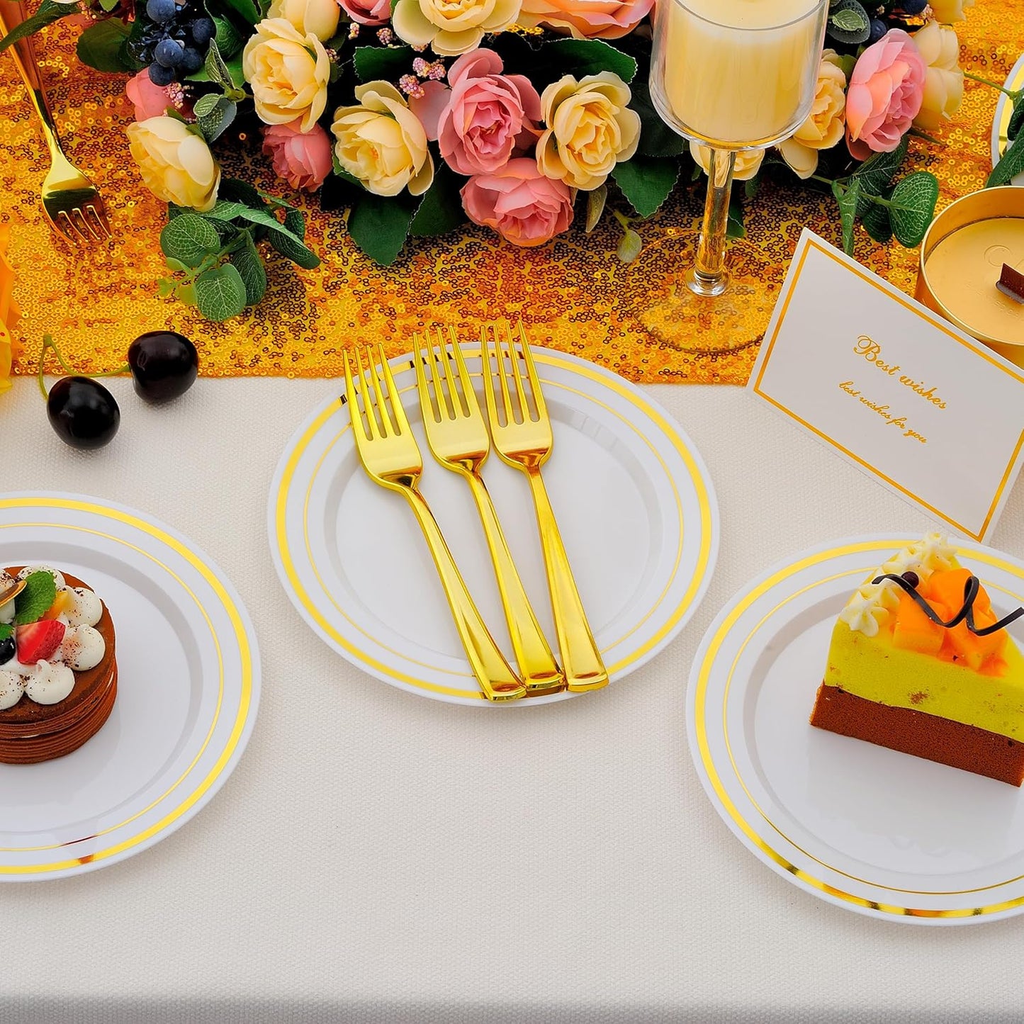 120pcs Gold Dessert Plates with Forks for 60 Guests-60pcs 7.5" Small Plastic Dessert Plates and 60pcs 7.4" Forks-Disposable Cake/Appetizer/Salad Plate for Wedding,Birthday and Party