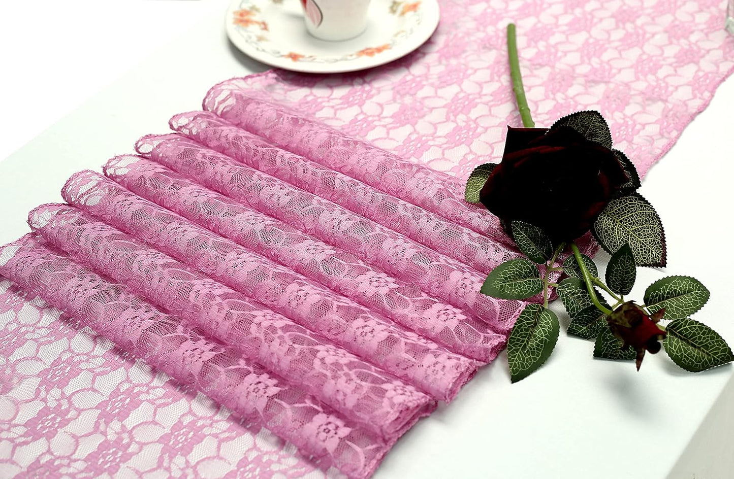 MDS Pack of 25 Wedding 12 x 108 inches Lace Table Runner for Wedding, Decorations for Birthday Parties, Banquets, Graduations, Engagements, and Runners fit Rectangle, Round Table- Dusty Pink