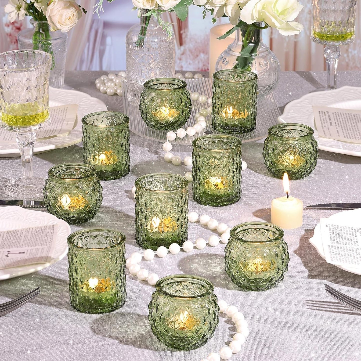 12pcs Assorted Green Votive Candle Holders, Tea Lights Candle Holder for Table Centerpiece, Green Candle Holders for Wedding, Bridal Shower and Tea Party Decorations