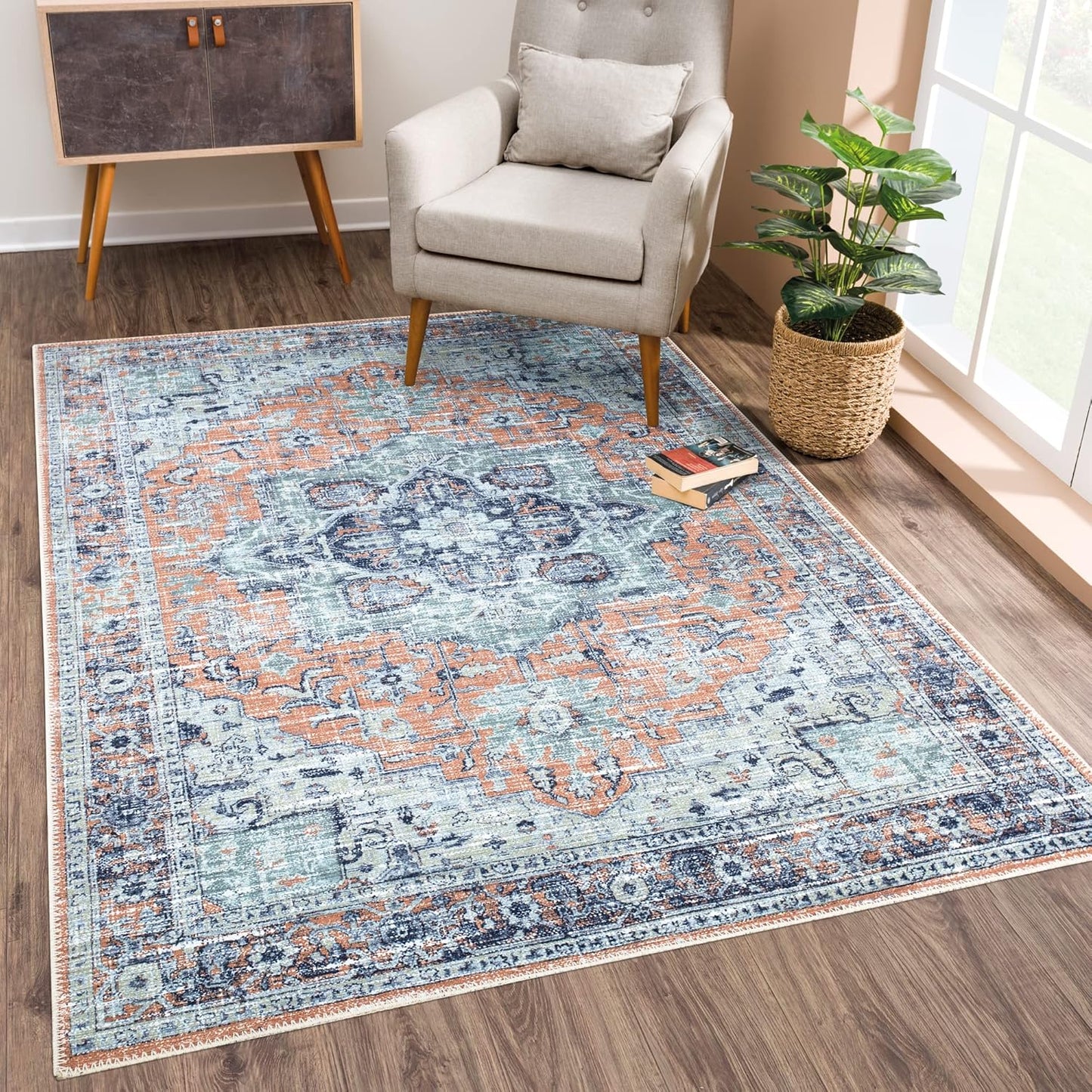Bloom Rugs Washable Non-Slip 8' x 10' Rug - Peach/Blue Traditional Area Rug for Living Room, Bedroom, Dining Room, and Kitchen - Exact Size: 8' x 10'