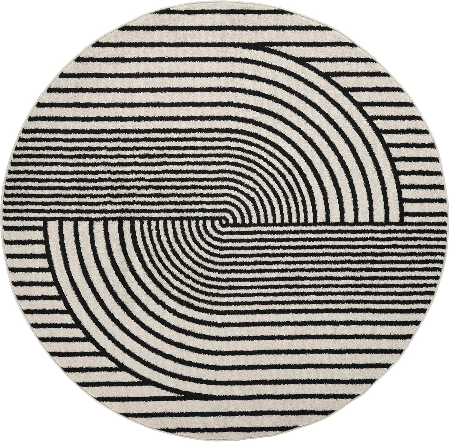 Abani Nuevo Collection Area Rug - Mid-Century Black and White Arch Knot Design - 6' Round - for Living Room, Bedroom & Office