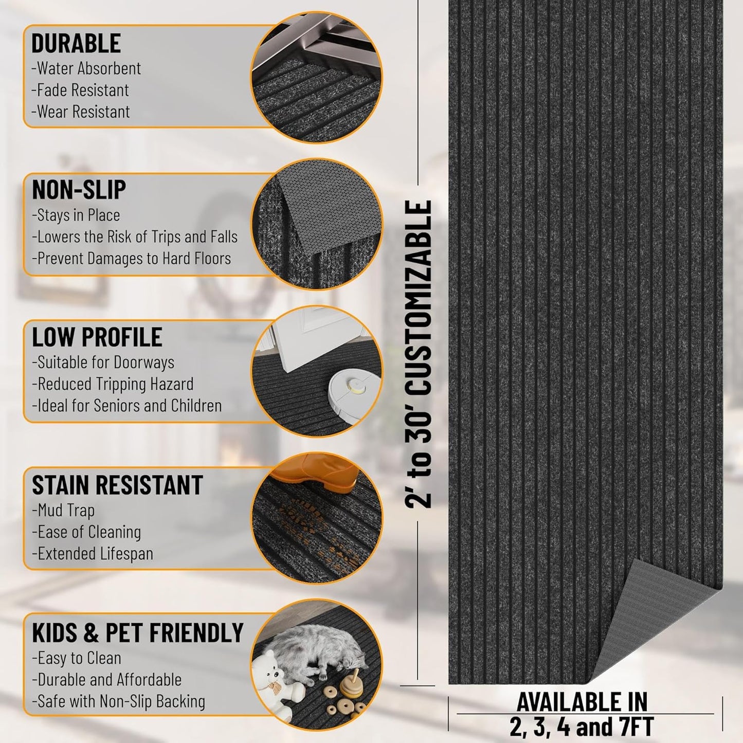 Ottomanson 2'7" x 17' Hallway Runner with Scraper Pile - Extra Durable Non-Slip Rug Mat for Indoor & Outdoor Use - Ideal for Kitchen, Entryway & Garage - High-Traffic Carpet, Black