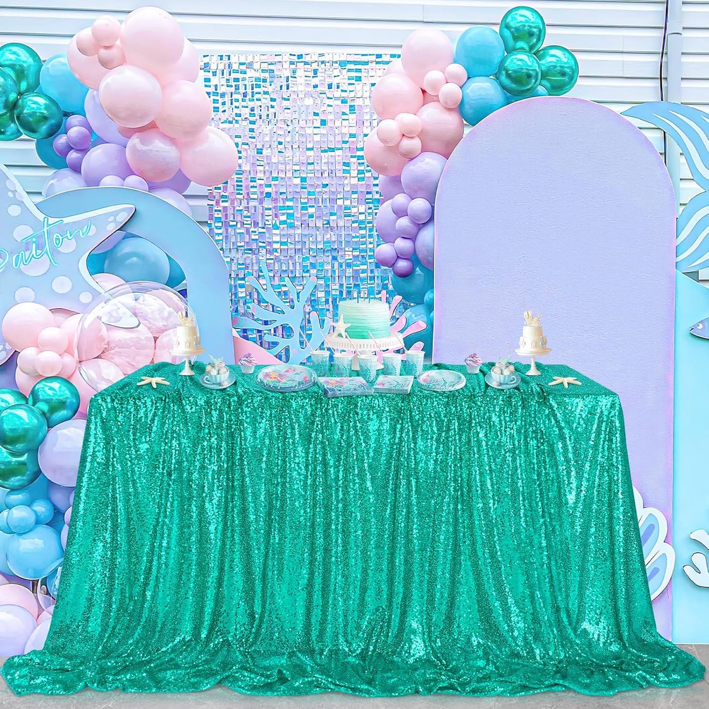 QueenDream Lake Green Tablecloth Sequin Fabric Table Cloths 90x156 Inch Mermaid Party Decorations Purple Overlay Drapes Birthday Party Ocean Decorations