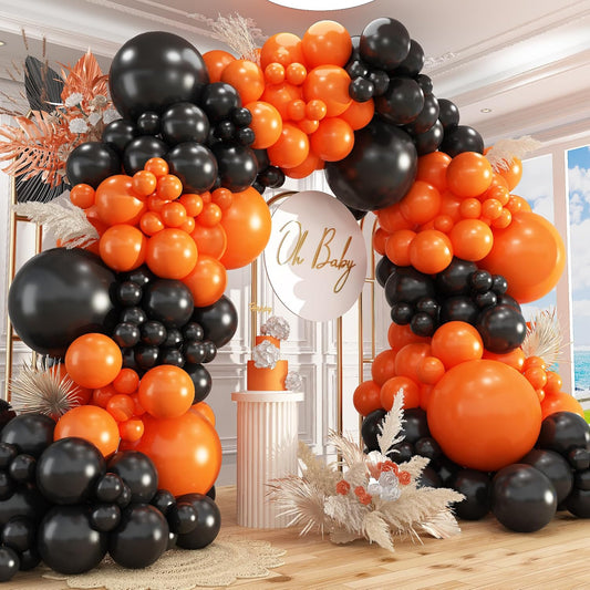 Black and Orange Balloons Garland Arch Kit, 412pcs Black Orange Halloween Balloons with Different Size for Graduation Halloween Harley Davidson Decorations