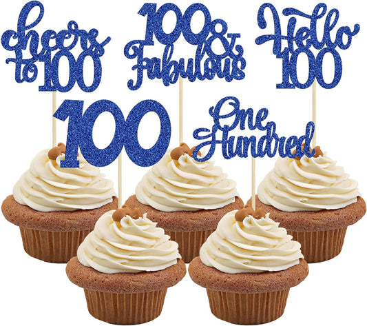 30pcs Happy 100th Birthday Cupcake Toppers - Deep Blue Glitter One Hundred Cheers to 100 Years Old Cupcake Picks for Anniversary Party Cake Decorations