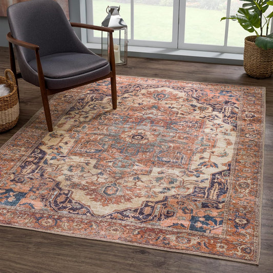 Bloom Rugs Washable 8' x 10' Rug - Beige/Terracotta Traditional Area Rug for Living Room, Bedroom, Dining Room, and Kitchen - Exact Size: 8' x 10'