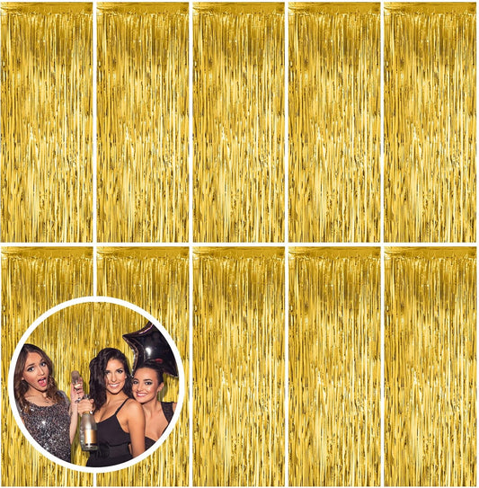 10 Pack Gold Fringe Curtain Backdrop Tinsel Streamers Birthday Party Decorations Christmas Photo Booth Backdrop Halloween New Year Graduation Baby Shower Theme Party Decorations
