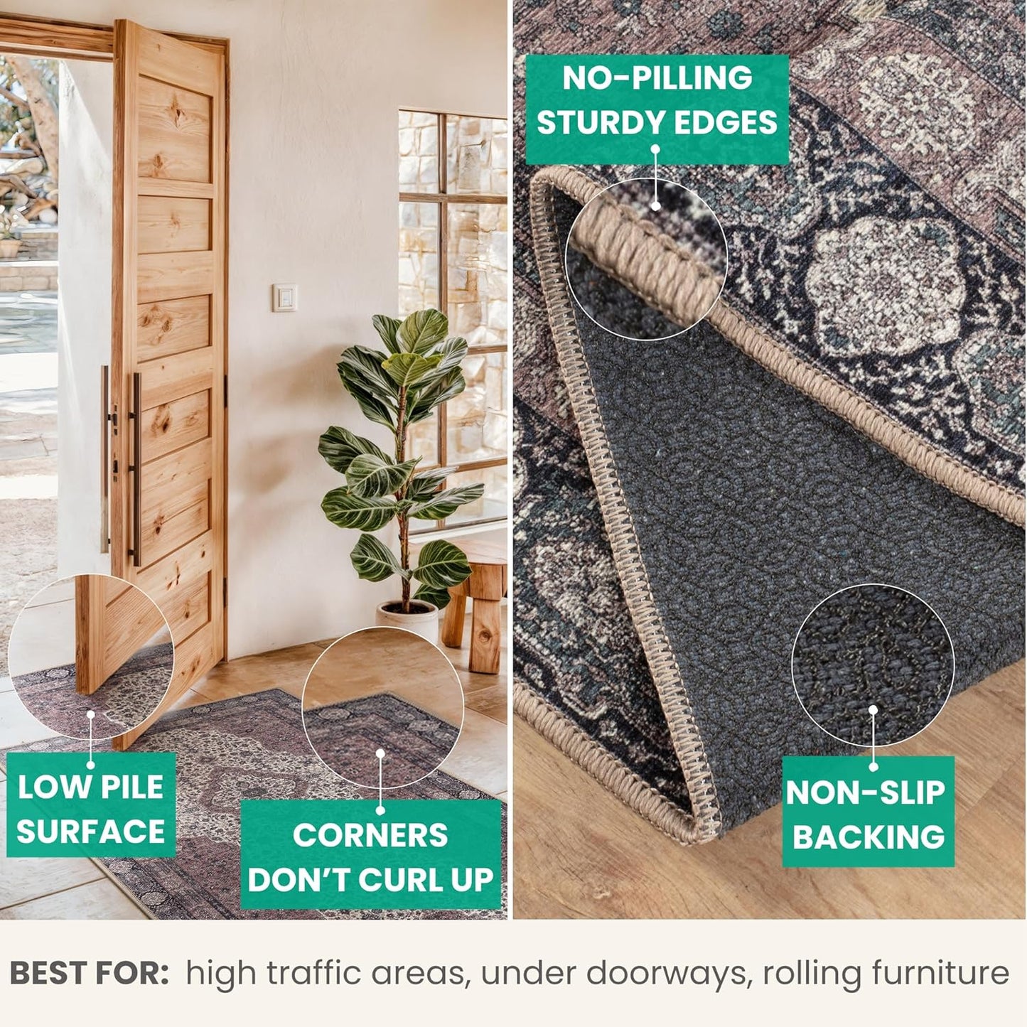 Bloom Rugs Washable Non-Slip 10 ft Runner - Cream/Green Traditional Medallion Runner for Entryway, Hallway, Bathroom, and Kitchen - Exact Size: 2.5' x 10'