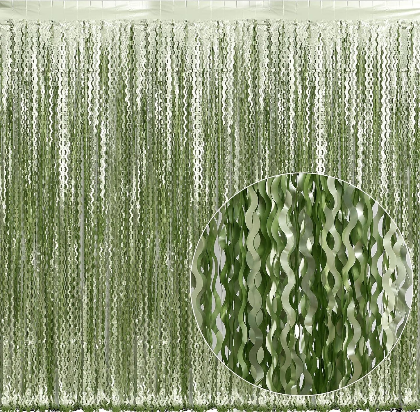 4 Pack Sage Green Wavy Metallic Tinsel Foil Fringe Curtains 3.3x6.6 Feet - Light Green Foil Streamers Backdrop Photo Booth Props for Birthday Wedding Christmas Party Decorations