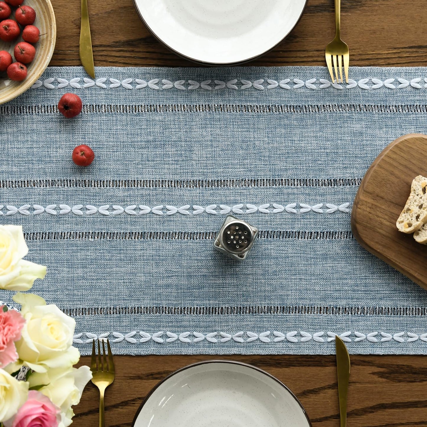 Artoid Mode Dusty Blue Cotton Linen Table Runner, Seasonal Rustic Embroidered Hollow Kitchen Dining Table Decoration for Home Party Decor 13x36 Inch