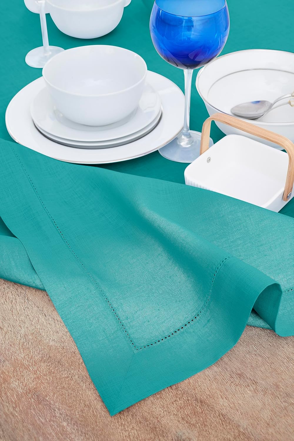 Solino Home Linen Tablecloth 60 x 90 Inch - Classic Hemstitch 100% Pure Linen Teal Table Cloth for Rectangle Tables - Machine Washable Tablecloth for Fall, Autumn, Thanksgiving, Christmas
