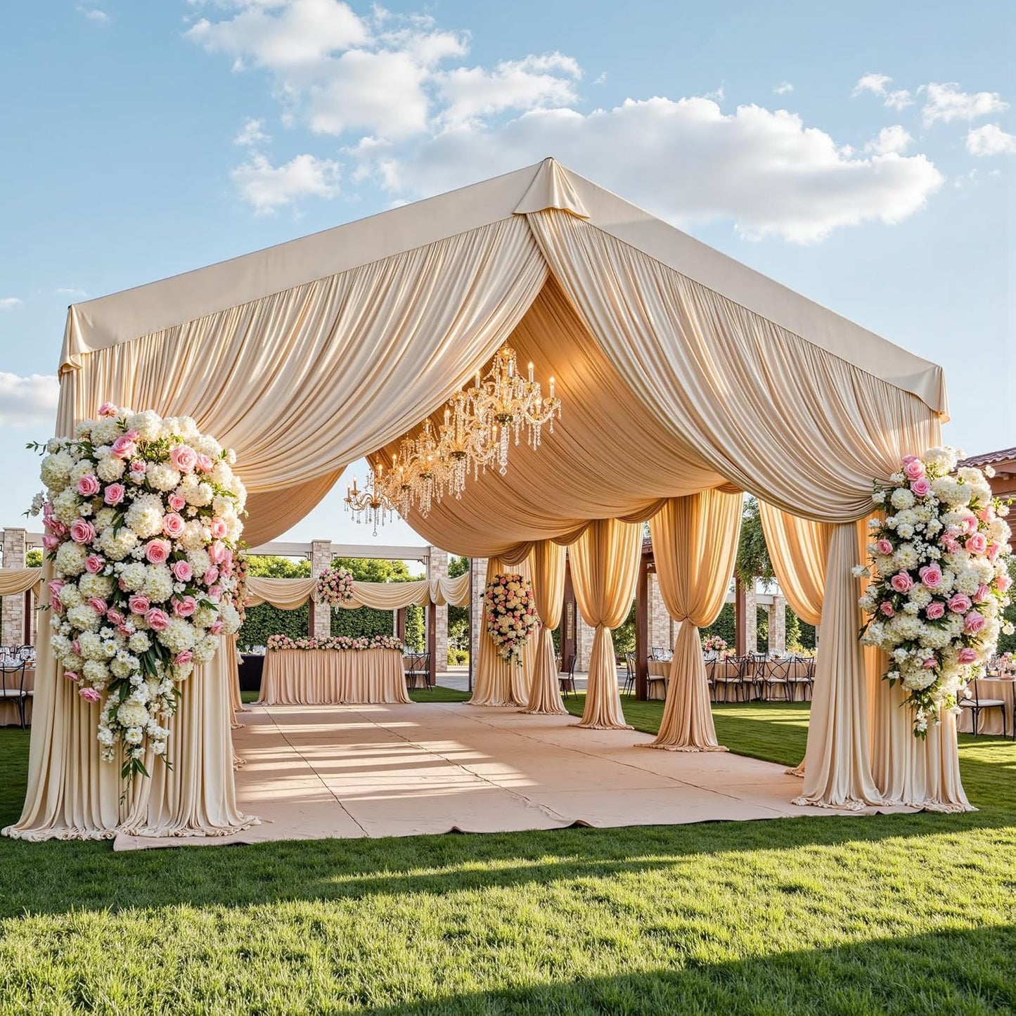 PartyVillage 50ftx40ft Beige Ceiling Curtain for Wedding Parties – 10 Panels Wrinkle-Free 40 FT Long Tent Draping Curtains for Wedding, Birthday & Theme Parties, 40ft Height with Rod Pocket