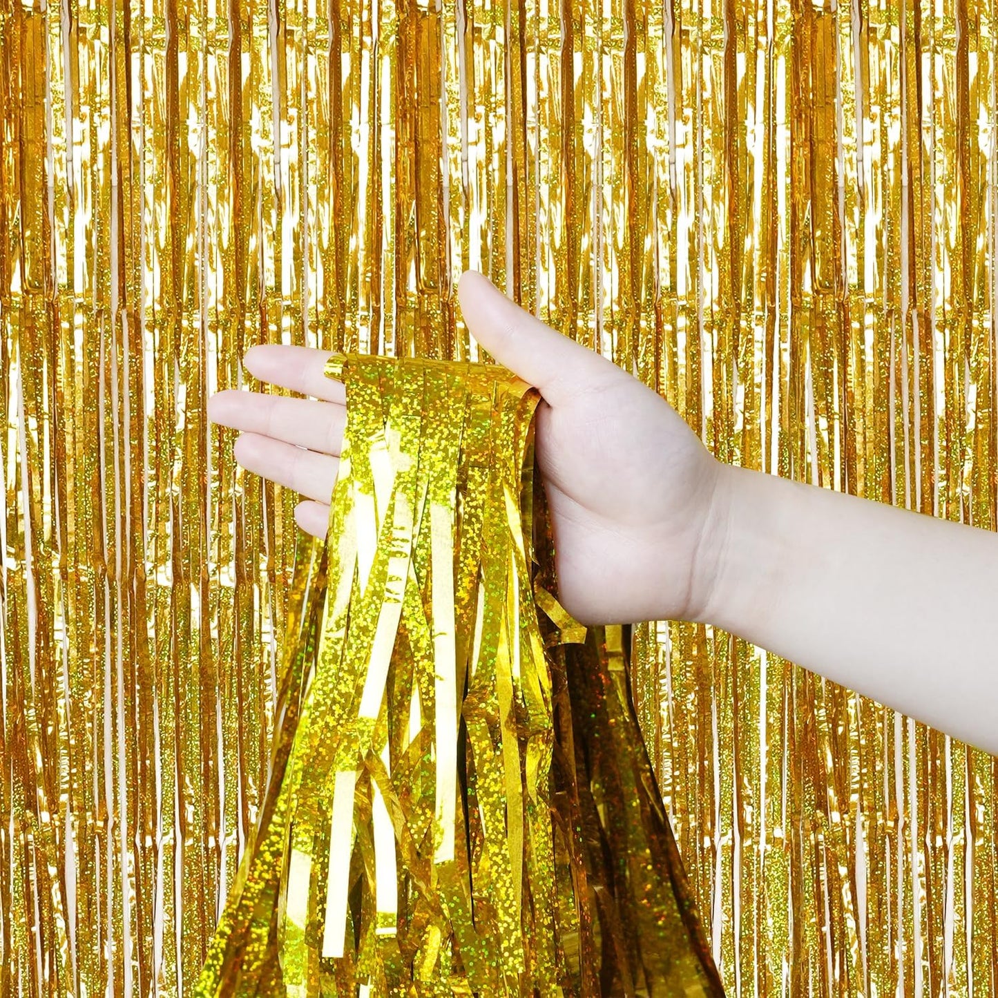 QRabbit 4 Pack Foil Fringe Curtains, Gold Metallic Tinsel Party Streamers Curtains, Backdrop Curtain for Birthday Graduation Engagement Wedding Bachelorette Baby Shower Party Decorations