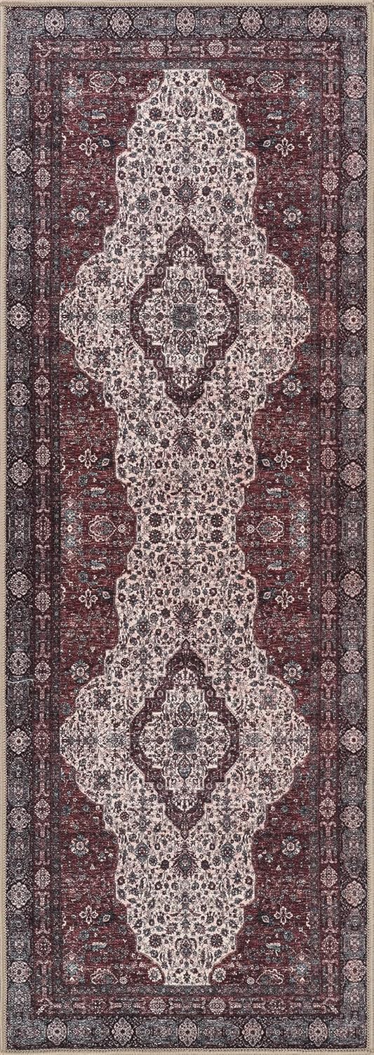 Bloom Rugs Washable Non-Slip 7 ft Runner - Red/Green/Cream Traditional Medallion Runner for Entryway, Hallway, Bathroom, and Kitchen - Exact Size: 2.5' x 7'