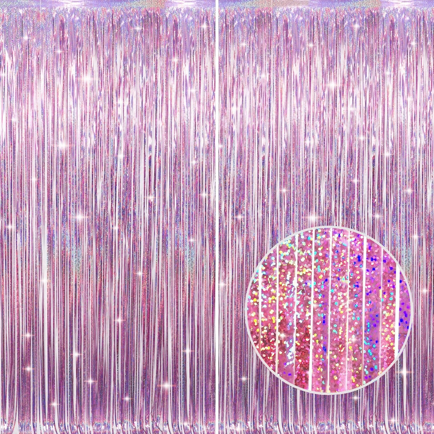 GOER 2 Pack 3.2 ft x 8.2 ft Metallic Tinsel Foil Fringe Curtains Party Photo Backdrop Party Streamers for Birthday,Graduation,New Year Eve Decorations Wedding Decor (Laser Pink)