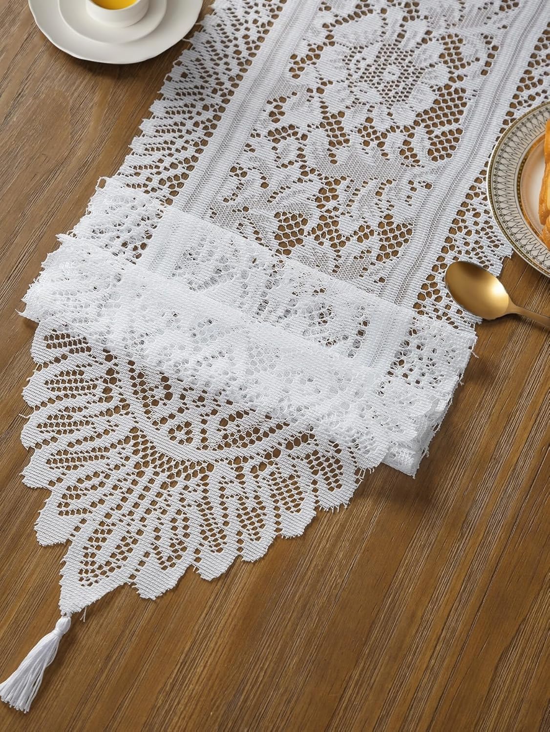 Jayla White Lace Table Runners, Elegant Vintage Lace Table Runner, Wedding Lace Decor with Floral Embroidery,Tea Party Decor, 13x36 Inch