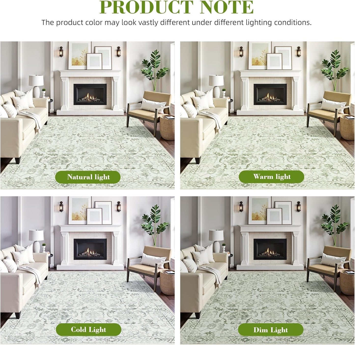 Sage Neutral Large Area Rug 9x12 for Living Room, Washable Rug for Dining Room Bedroom, Anti-Slip Low-Pile and Soft Accent Rug Farmhouse Office Home Decor Light Green