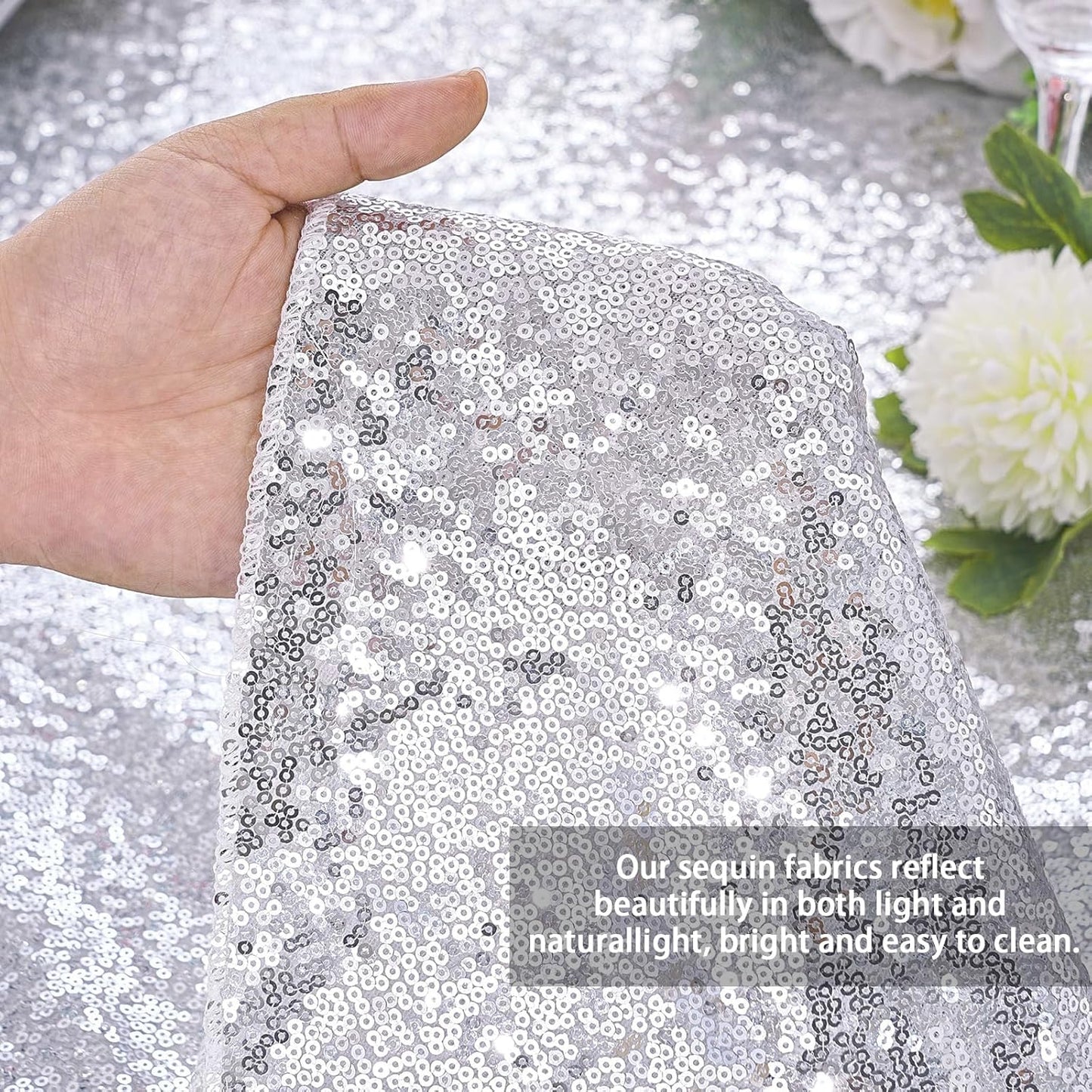 QueenDream Sequin Tablecloth 60x102 Inch Silver Tablecloth Christmas Glitter Tablecloth 6ft for Baby Shower Party Christmas Decorations