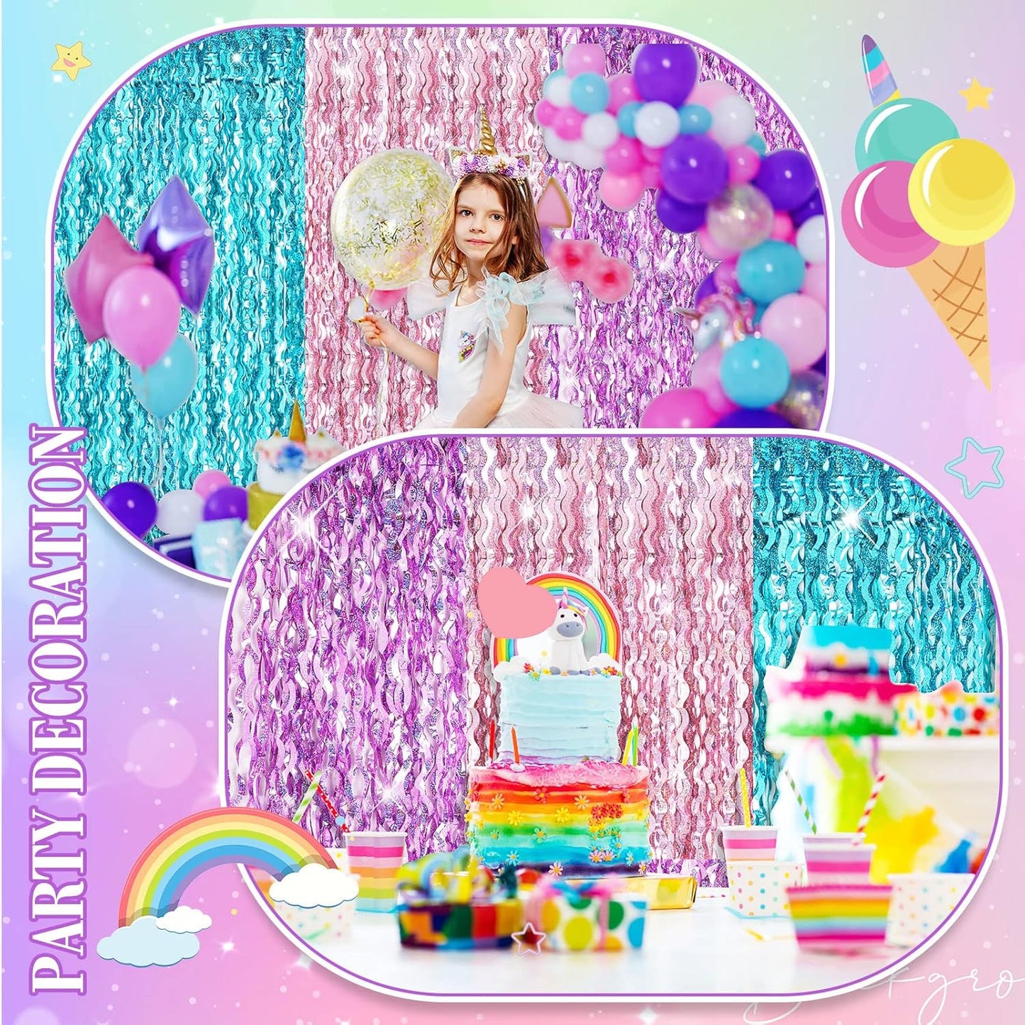 Jutom 6 Pieces 3.3 x 6.6 ft Wavy Tinsel Foil Fringe Curtains Foil Fringe Streamer Backdrop Party Curtain for Sea Mermaid Baby Shower Birthday Party Decoration(Purple, Pink, Blue Green)