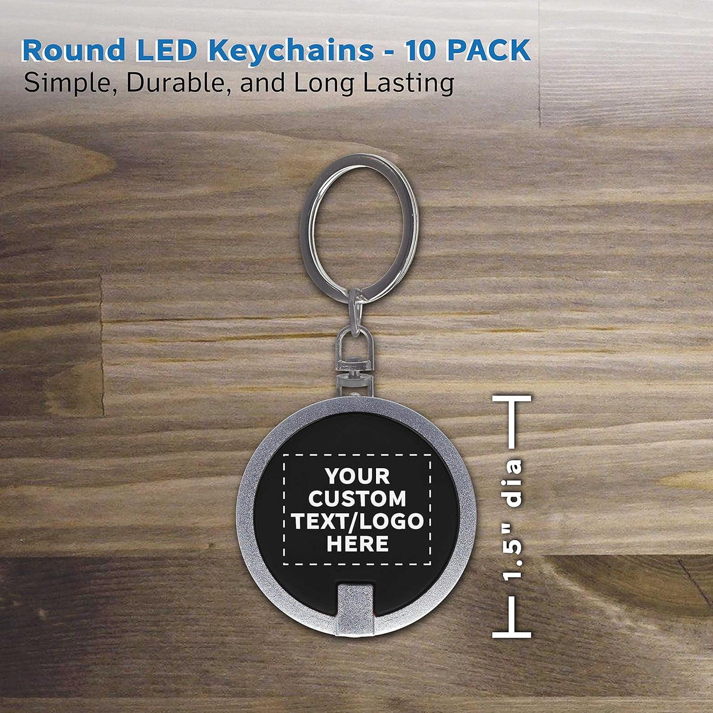 DISCOUNT PROMOS 10 Round LED Keychains - Customizable Text, Logo - Battery included, Plastic - Black