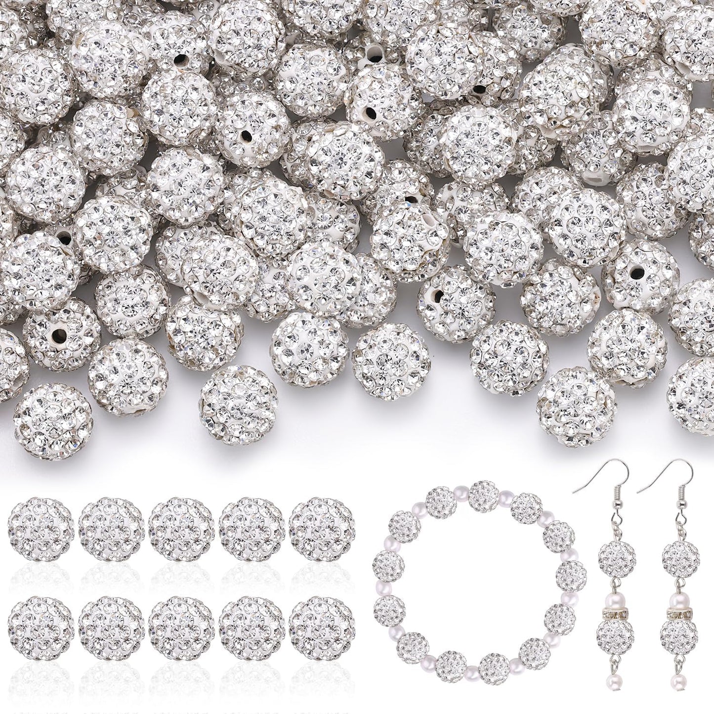 200pcs 10mm Rhinestone Beads for Jewelry Making, White Shiny Round Disco Ball Beads Bulk, Sparkle Crystal Clay Christmas for Bracelet Baseball Necklace Earring Crafting and DIY