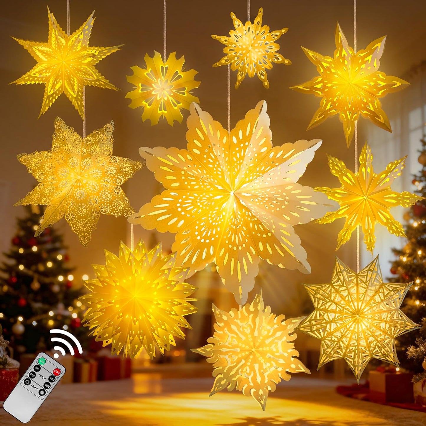 10 Pcs Christmas Paper Snowflake Lanterns, Large Christmas Paper Star Lanterns with LED Lights White Hanging Snowflake Lamp Ornaments for Xmas Winter Frozen Weddings Birthday Holiday Party Decorations
