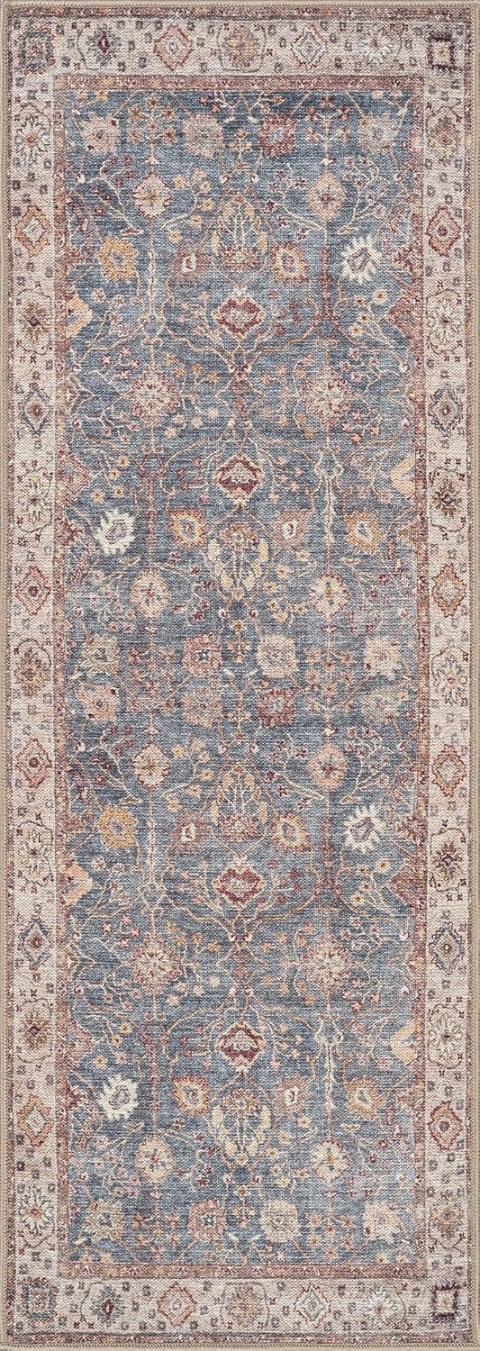 Bloom Rugs Washable Non-Slip 10 ft Runner - Beige/Blue Traditional Bordered Runner for Entryway, Hallway, Bathroom, and Kitchen - Exact Size: 2.5' x 10'